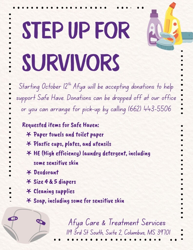 Step Up for Survivors donation drive flyer listing requested items for Safe Haven